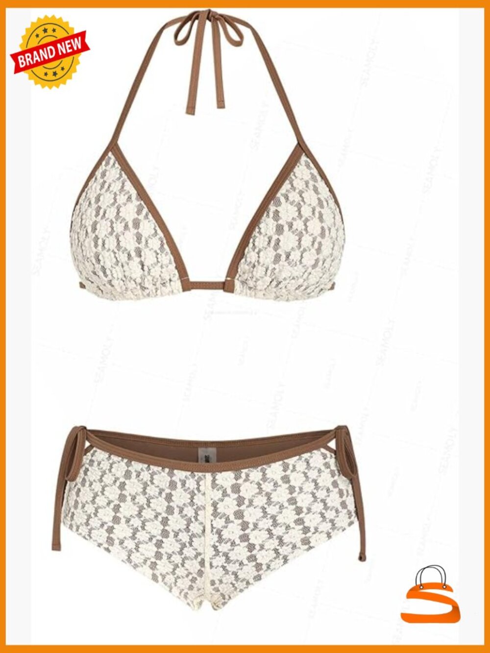 Halter Triangle Bikini Set with Boyshort Bottom, Double Lined, Removable Pads,